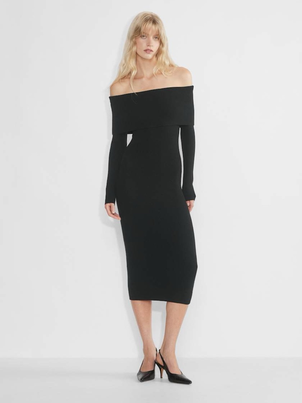Aritzia Off-Shoulder Black Long-Sleeve Midi Dress